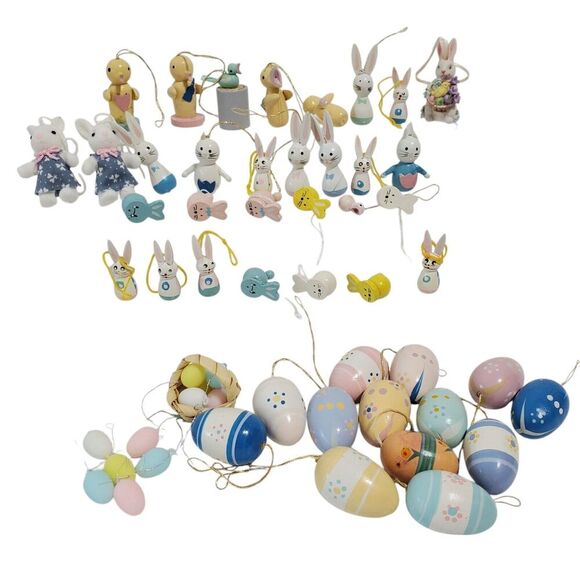 Lot 42+ Vintage Wooden Miniature Easter Bunny Eggs Chick Ornaments up to 1.5" - Picture 1 of 9